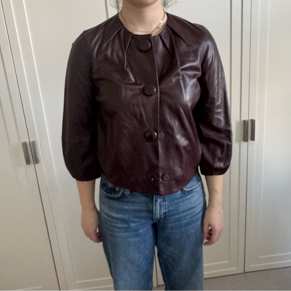 Vince Chocolate Brown Leather Jacket, Collarless Button Front Balloon 3/4 Sleeve